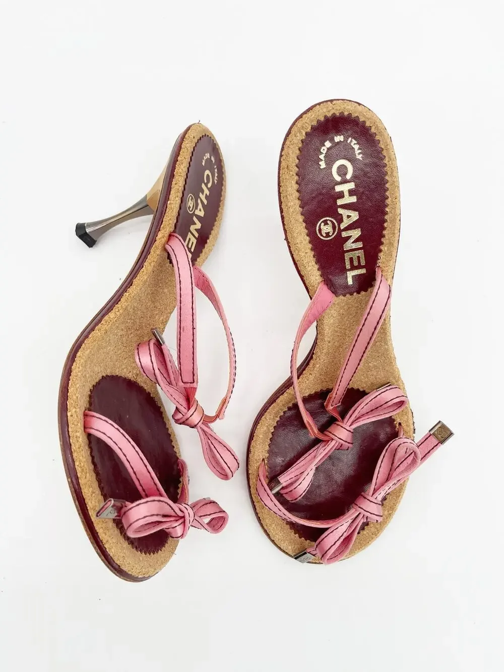 Chanel Vintage Pink Double Strap Satin Bow Cork Sole Slide Sandal Heels EU 37.5